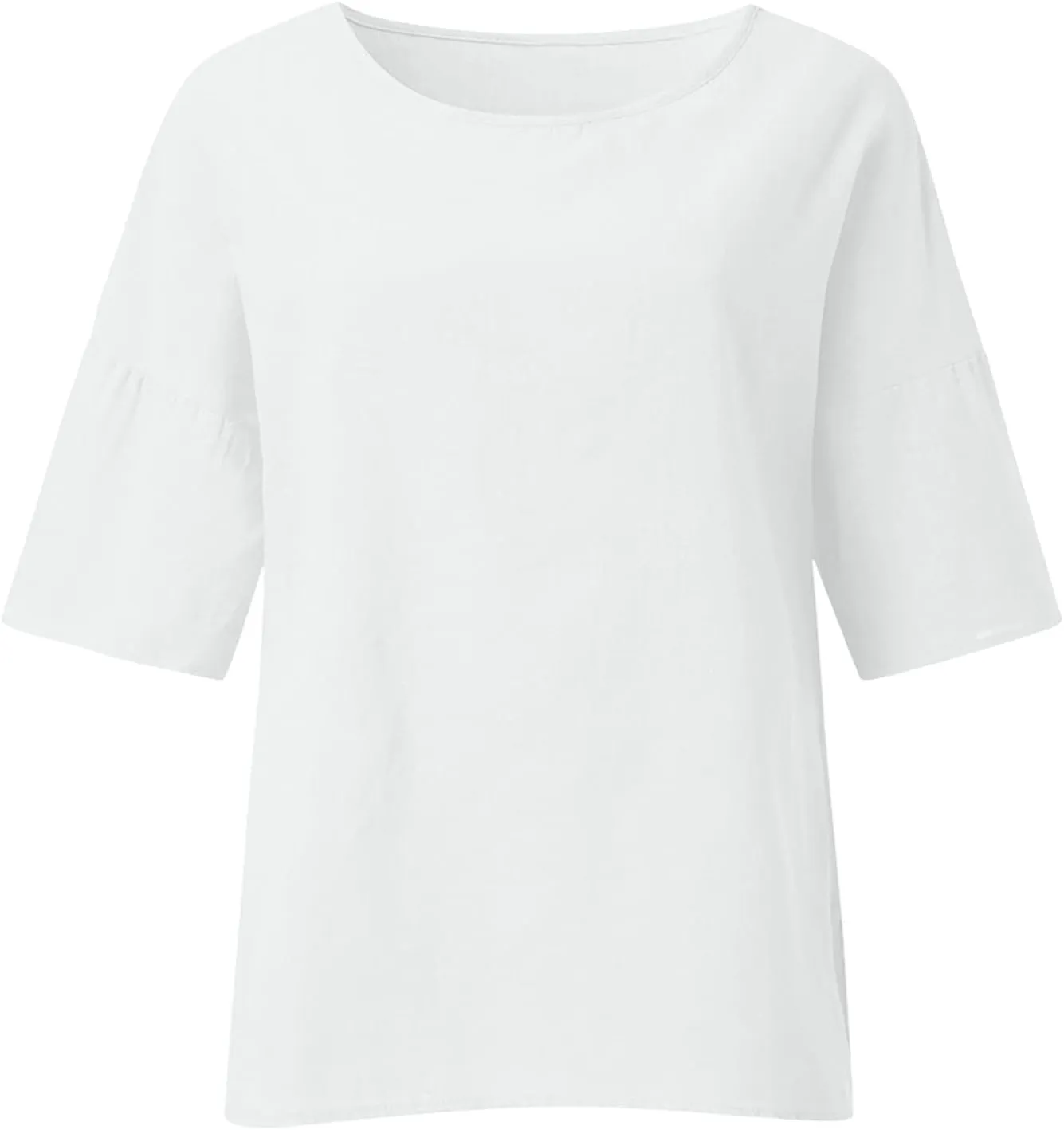 DASAYO Women's Round Neck Cotton Linen Top Shirt Plain Loose Fit 3/4 Sleeve Casual t-Shirts Tops Retro Summer Beach Shirts