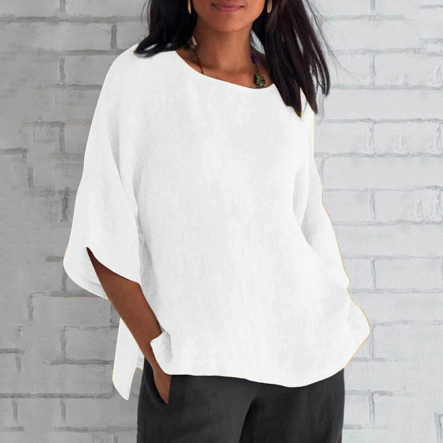 DASAYO Women's Round Neck Cotton Linen Top Shirt Plain Loose Fit 3/4 Sleeve Casual t-Shirts Tops Retro Summer Beach Shirts