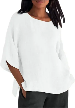 DASAYO Women's Round Neck Cotton Linen Top Shirt Plain Loose Fit 3/4 Sleeve Casual t-Shirts Tops Retro Summer Beach Shirts