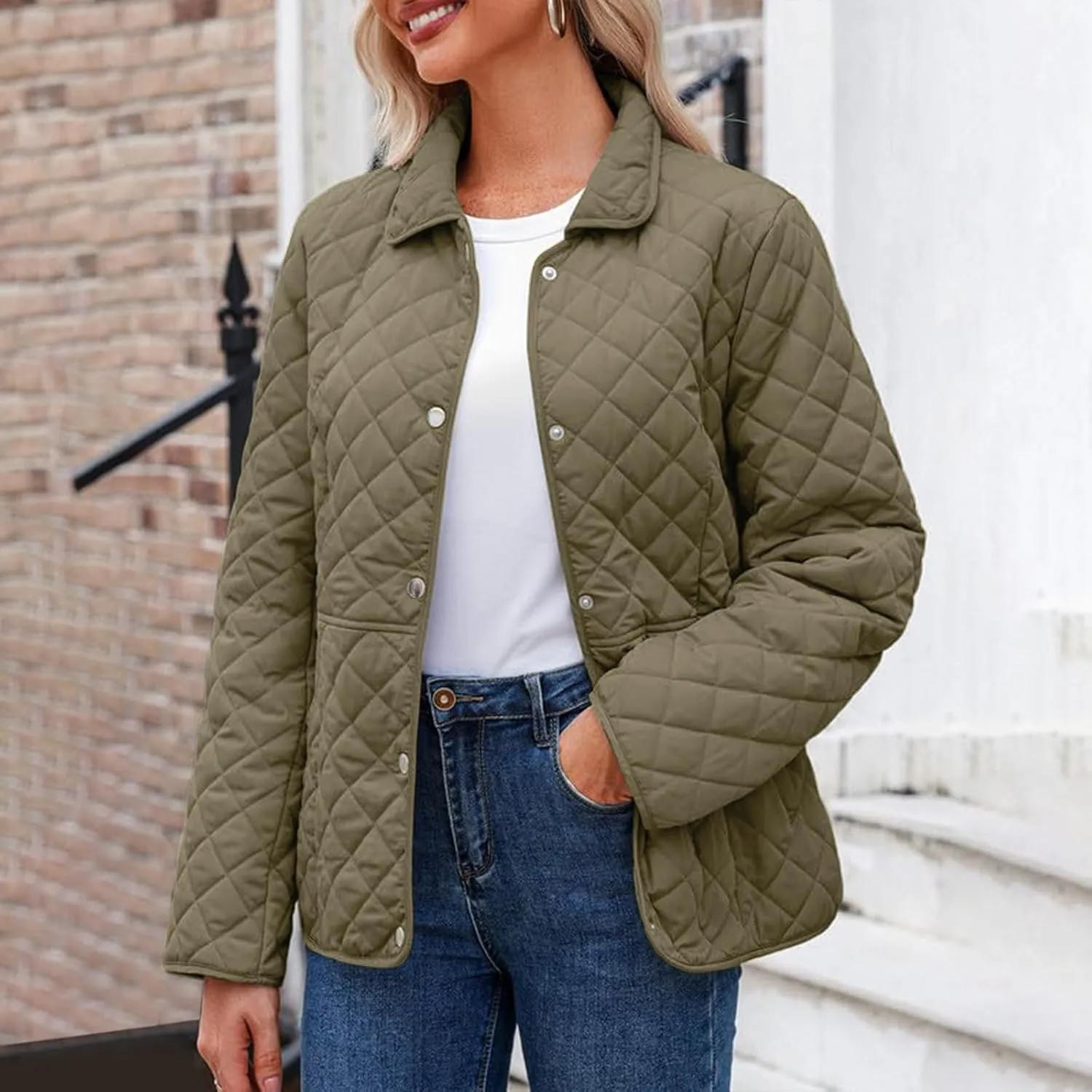 Diamond Quilted Jackets for Women Lightweight Button down Long Sleeve Puffer Jacket Casual Winter Thermal Padded Coat
