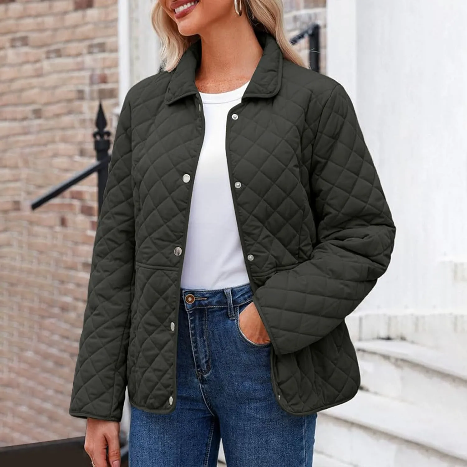Diamond Quilted Jackets for Women Lightweight Button down Long Sleeve Puffer Jacket Casual Winter Thermal Padded Coat