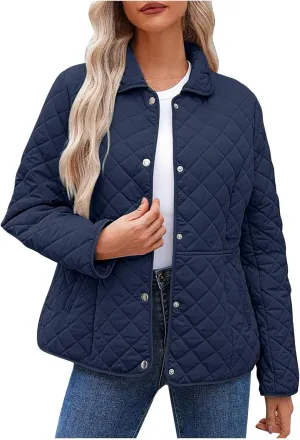 Diamond Quilted Jackets for Women Lightweight Button down Long Sleeve Puffer Jacket Casual Winter Thermal Padded Coat