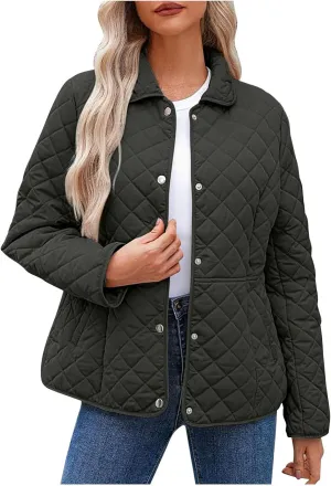Diamond Quilted Jackets for Women Lightweight Button down Long Sleeve Puffer Jacket Casual Winter Thermal Padded Coat