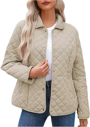 Diamond Quilted Jackets for Women Lightweight Button down Long Sleeve Puffer Jacket Casual Winter Thermal Padded Coat
