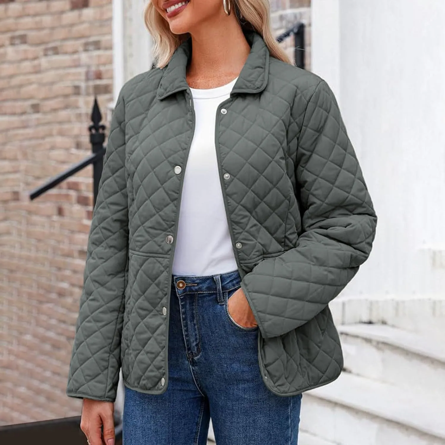 Diamond Quilted Jackets for Women Lightweight Button down Long Sleeve Puffer Jacket Casual Winter Thermal Padded Coat
