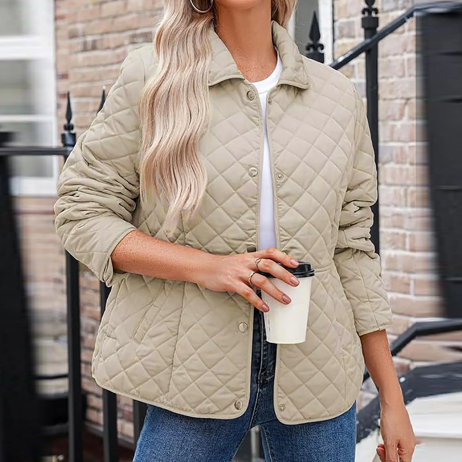 Diamond Quilted Jackets for Women Lightweight Button down Long Sleeve Puffer Jacket Casual Winter Thermal Padded Coat