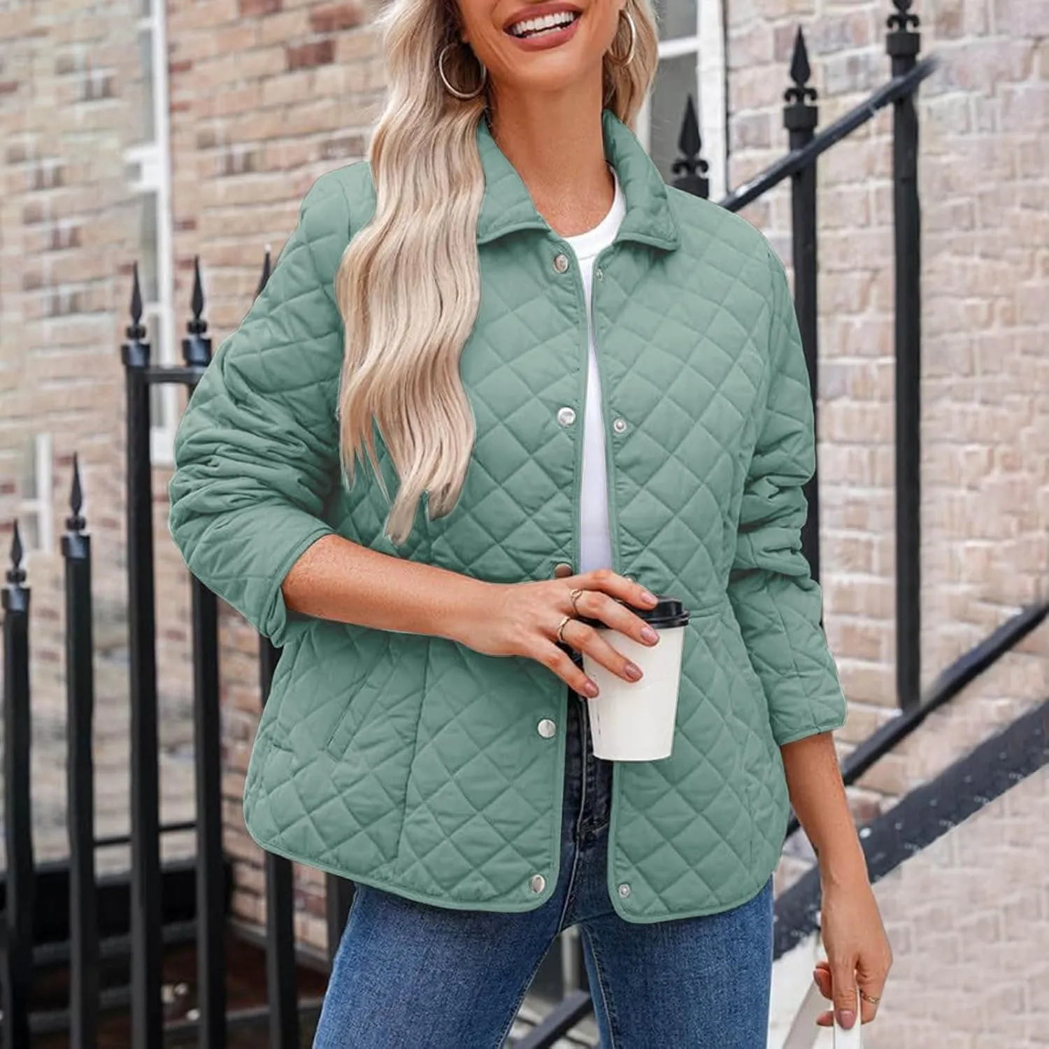 Diamond Quilted Jackets for Women Lightweight Button down Long Sleeve Puffer Jacket Casual Winter Thermal Padded Coat