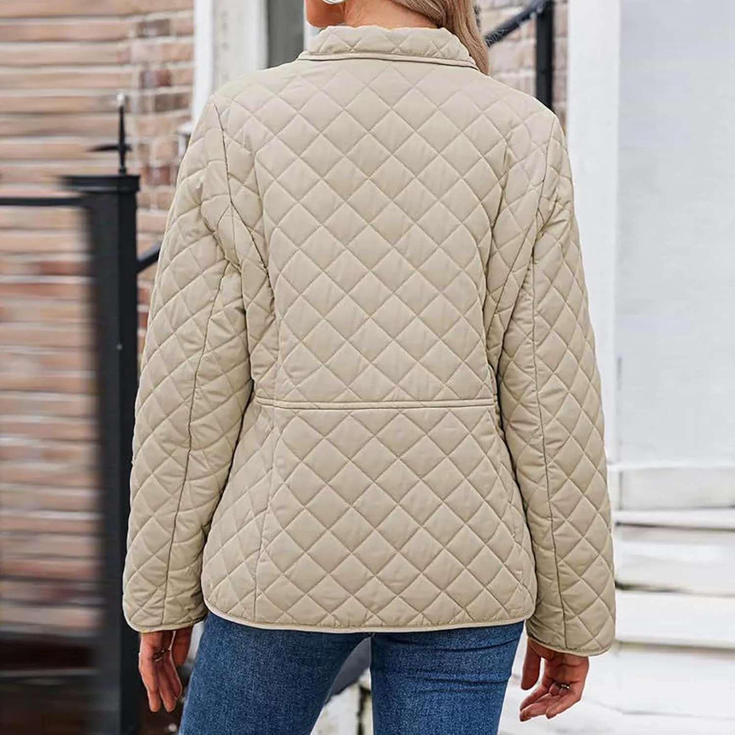 Diamond Quilted Jackets for Women Lightweight Button down Long Sleeve Puffer Jacket Casual Winter Thermal Padded Coat