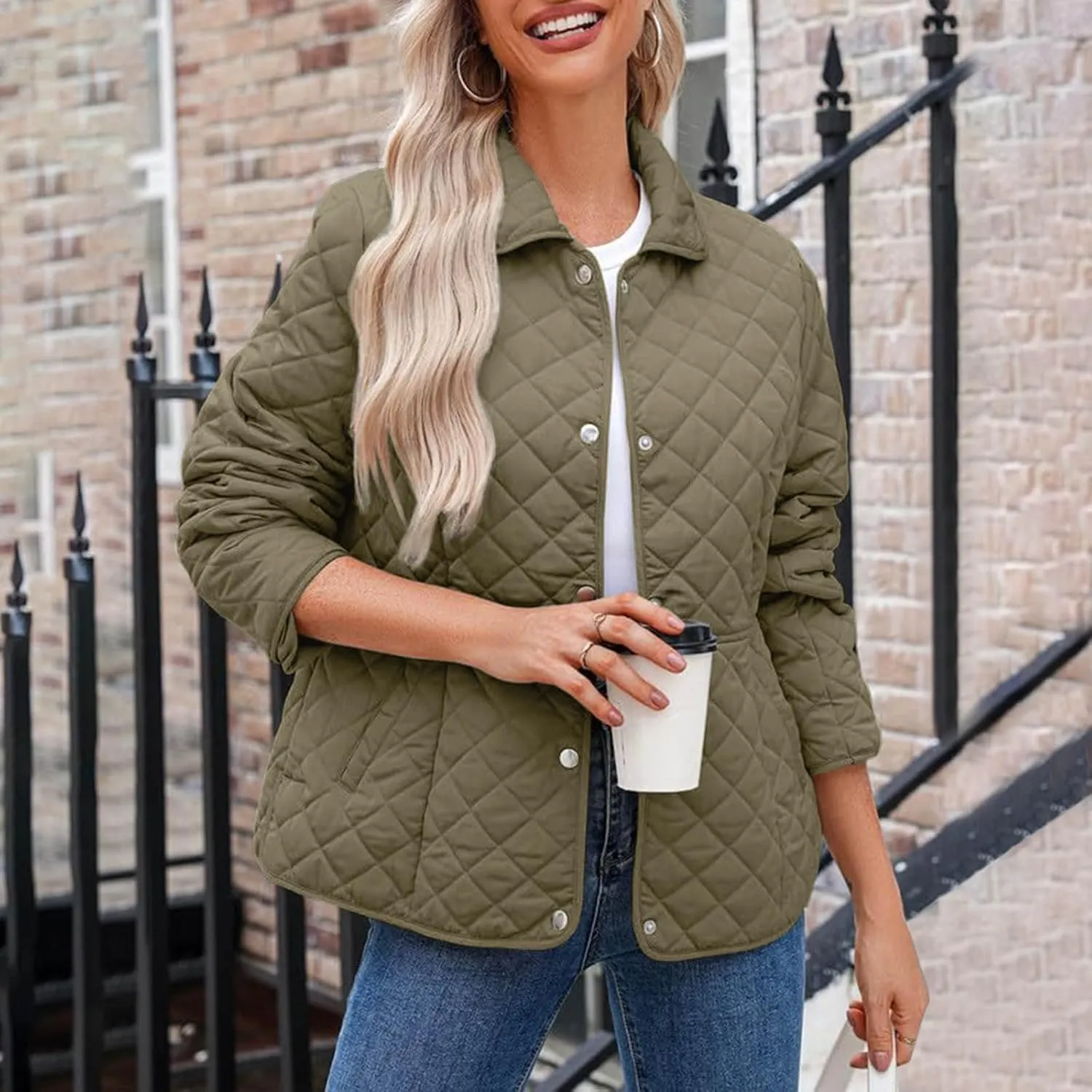 Diamond Quilted Jackets for Women Lightweight Button down Long Sleeve Puffer Jacket Casual Winter Thermal Padded Coat