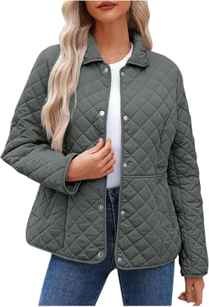 Diamond Quilted Jackets for Women Lightweight Button down Long Sleeve Puffer Jacket Casual Winter Thermal Padded Coat