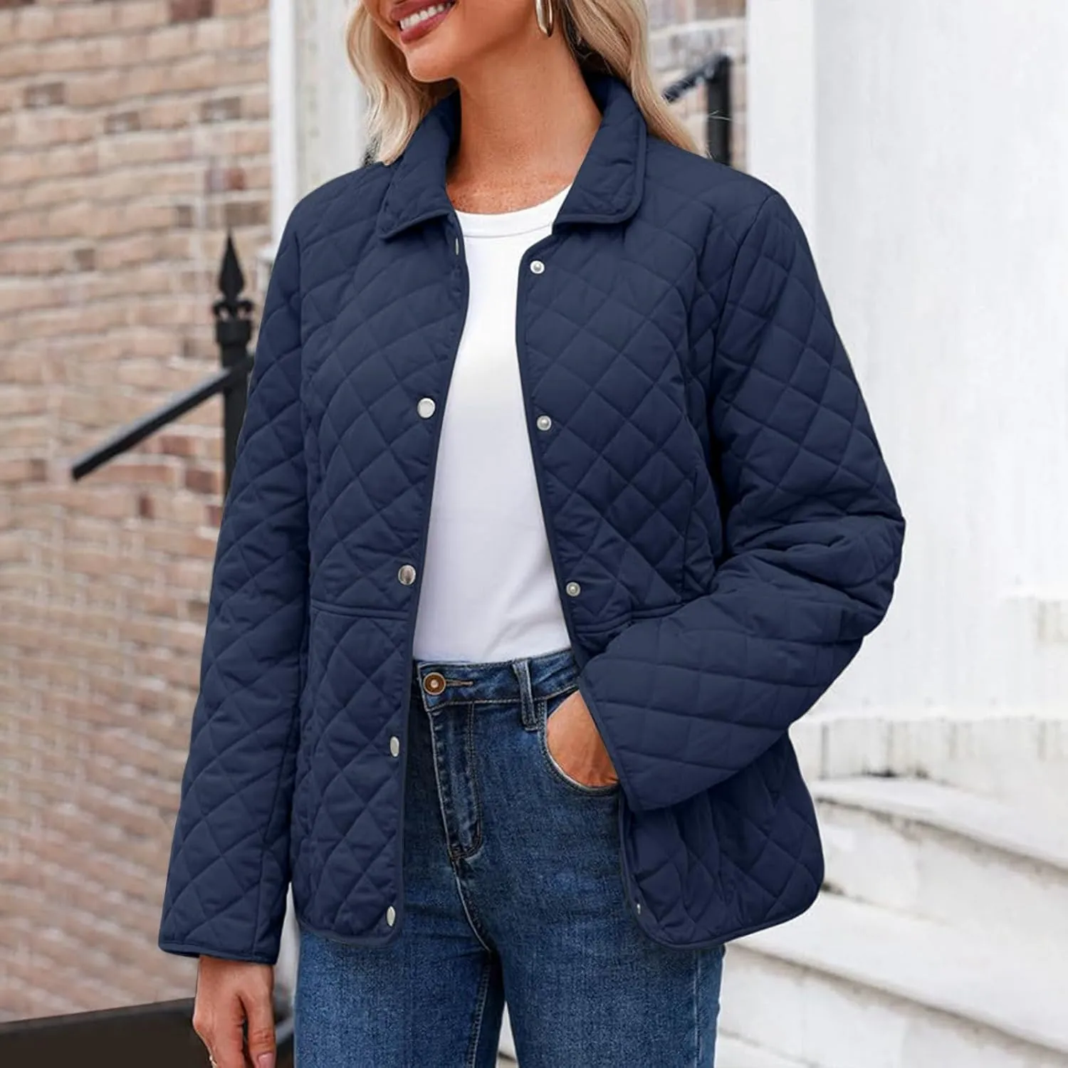 Diamond Quilted Jackets for Women Lightweight Button down Long Sleeve Puffer Jacket Casual Winter Thermal Padded Coat