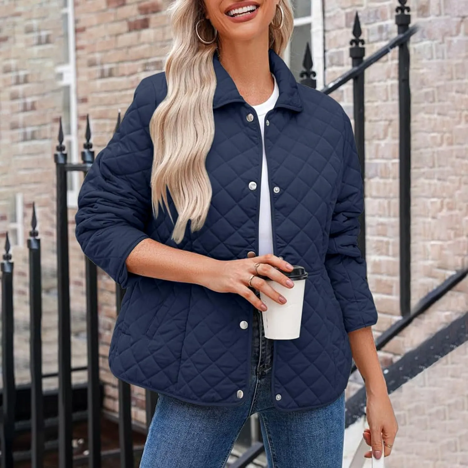 Diamond Quilted Jackets for Women Lightweight Button down Long Sleeve Puffer Jacket Casual Winter Thermal Padded Coat