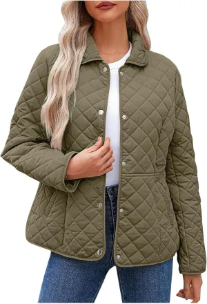 Diamond Quilted Jackets for Women Lightweight Button down Long Sleeve Puffer Jacket Casual Winter Thermal Padded Coat