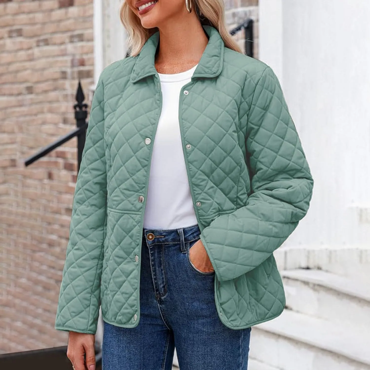 Diamond Quilted Jackets for Women Lightweight Button down Long Sleeve Puffer Jacket Casual Winter Thermal Padded Coat