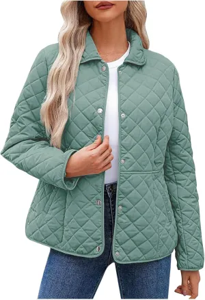Diamond Quilted Jackets for Women Lightweight Button down Long Sleeve Puffer Jacket Casual Winter Thermal Padded Coat