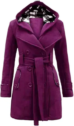 Double Breasted Trench Coat Women Plus Size Winter Peacoat with Plaid Hood Thick Warm Belted Mid Length Outwear with Pockets