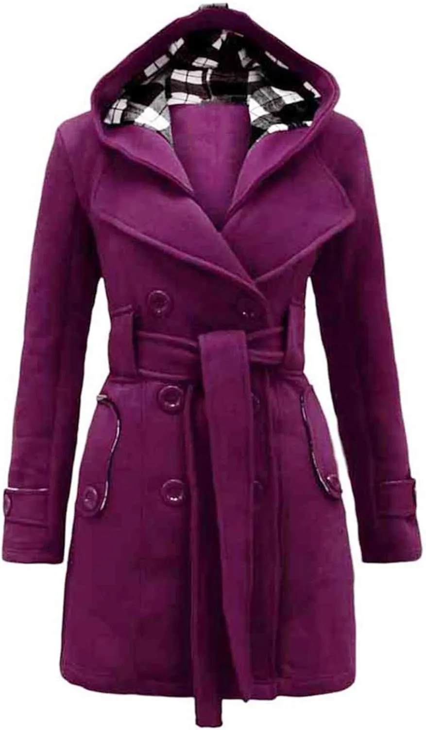 Double Breasted Trench Coat Women Plus Size Winter Peacoat with Plaid Hood Thick Warm Belted Mid Length Outwear with Pockets