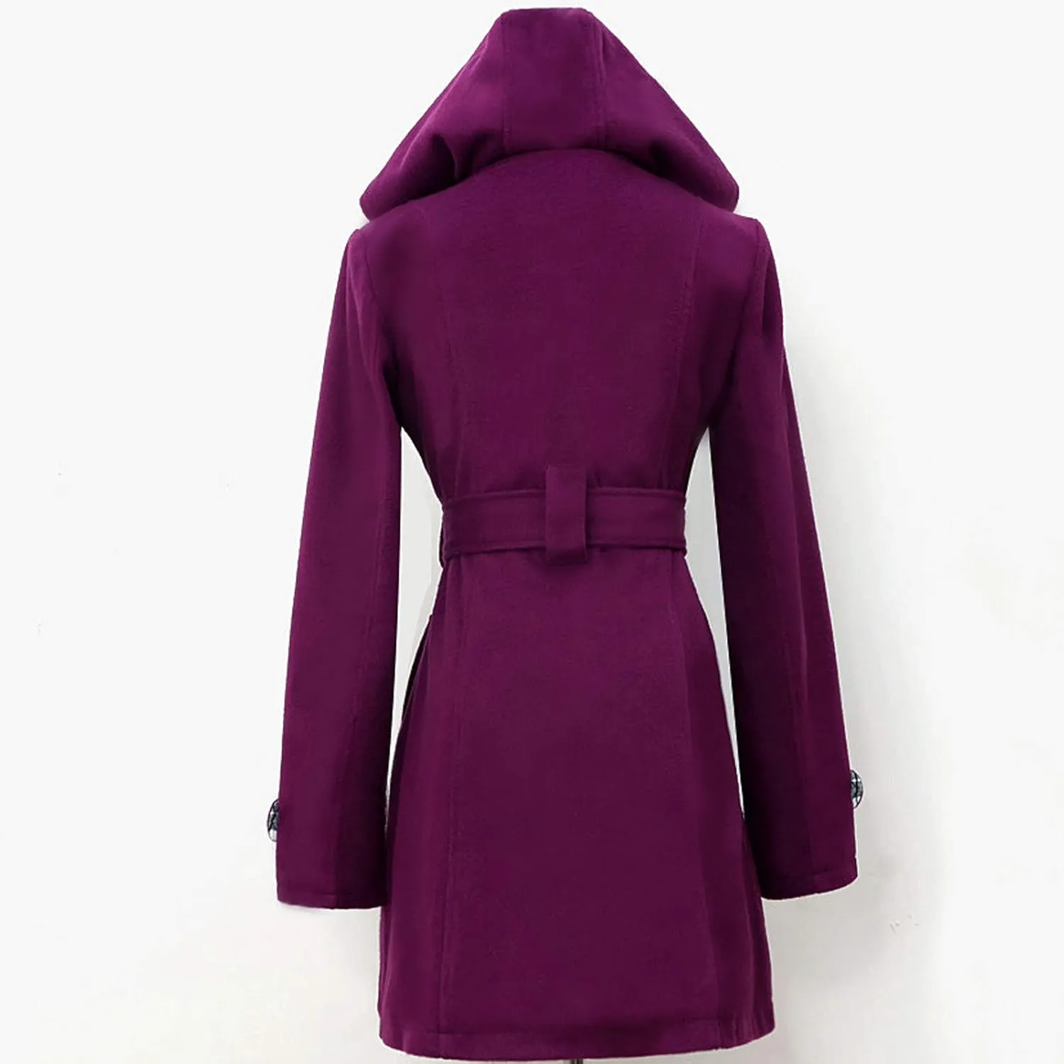 Double Breasted Trench Coat Women Plus Size Winter Peacoat with Plaid Hood Thick Warm Belted Mid Length Outwear with Pockets