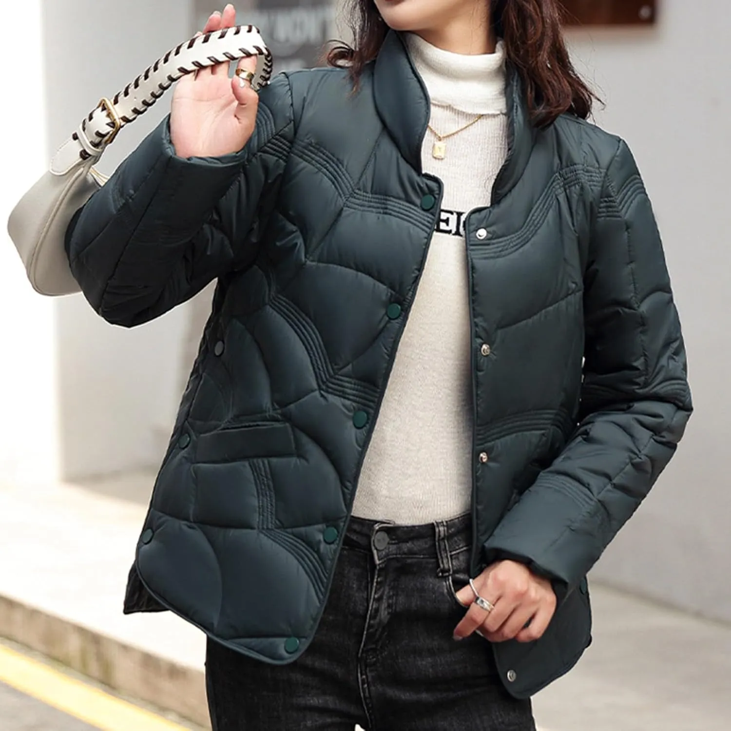 Fashion Solid Winter Button Padded Jacket for Womens Casual Loose Insulated Padded Coat Long Sleeve Pockets Overcoat