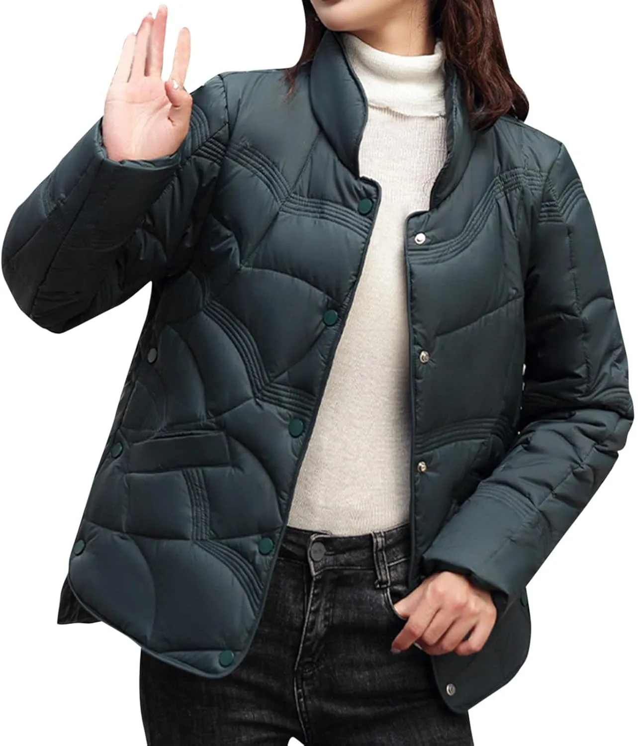 Fashion Solid Winter Button Padded Jacket for Womens Casual Loose Insulated Padded Coat Long Sleeve Pockets Overcoat