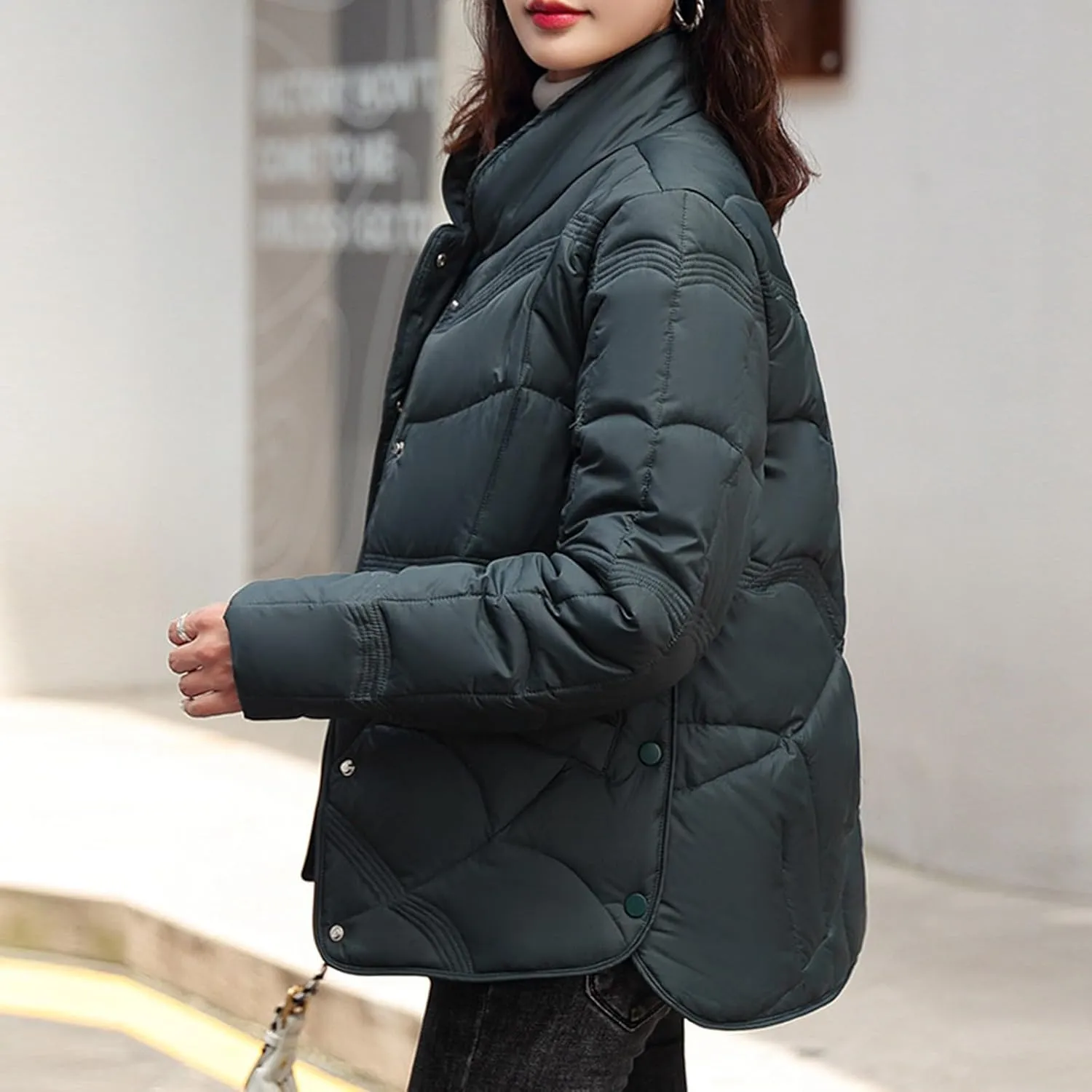 Fashion Solid Winter Button Padded Jacket for Womens Casual Loose Insulated Padded Coat Long Sleeve Pockets Overcoat