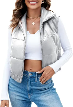 Fisoew Womens Faux Leather Puffer Vest High Stand Collar Zip Up Sleeveless Winter Cropped Jacket Gilet