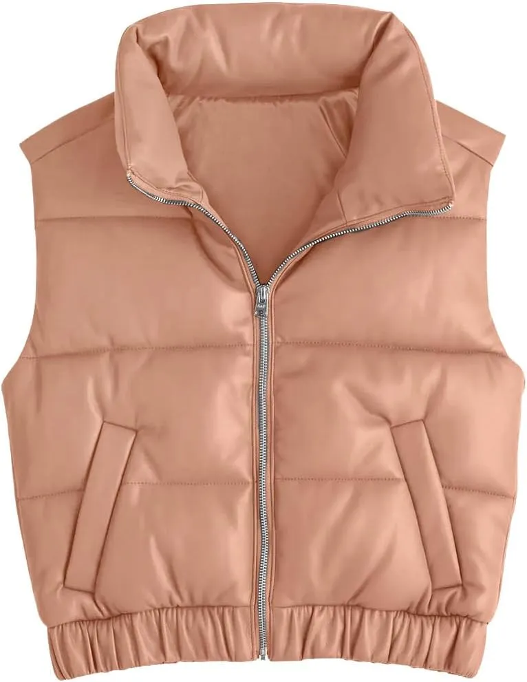 Fisoew Womens Faux Leather Puffer Vest High Stand Collar Zip Up Sleeveless Winter Cropped Jacket Gilet