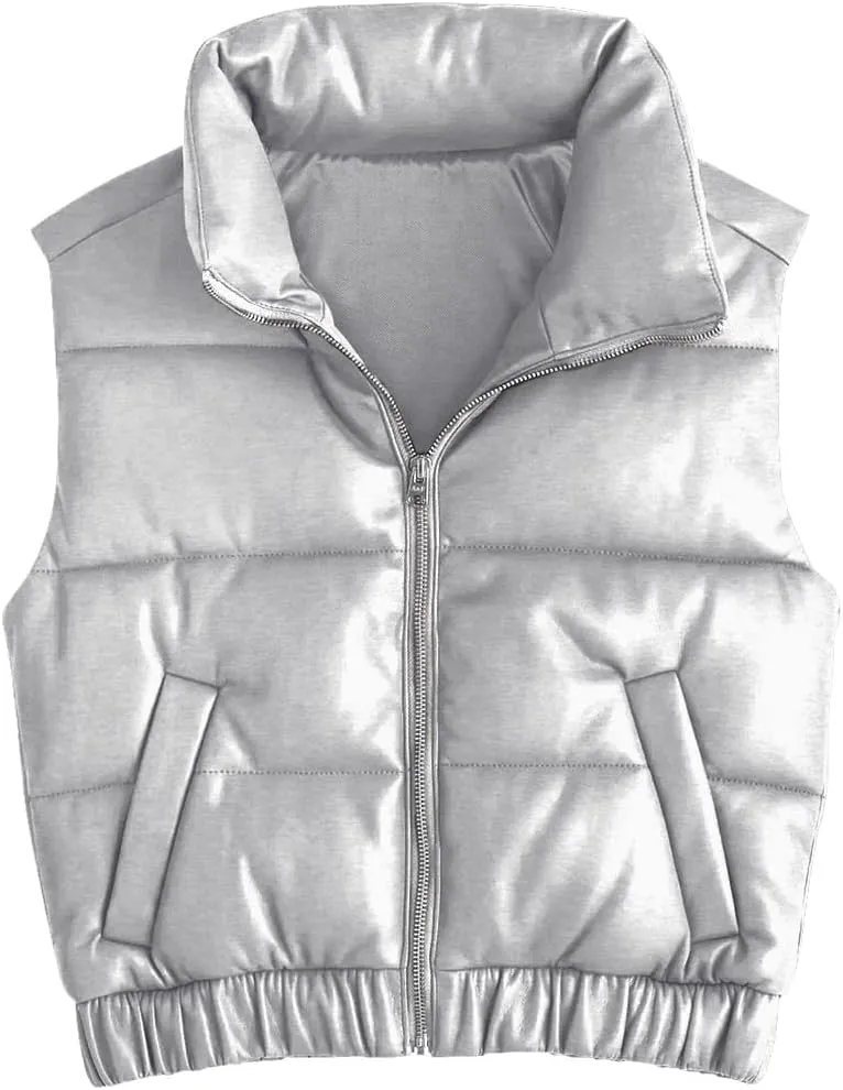 Fisoew Womens Faux Leather Puffer Vest High Stand Collar Zip Up Sleeveless Winter Cropped Jacket Gilet