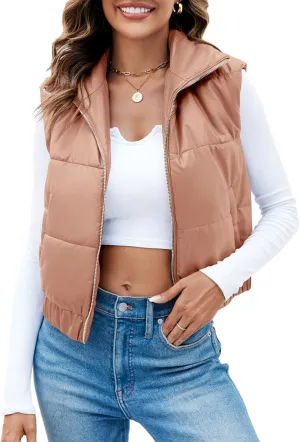 Fisoew Womens Faux Leather Puffer Vest High Stand Collar Zip Up Sleeveless Winter Cropped Jacket Gilet