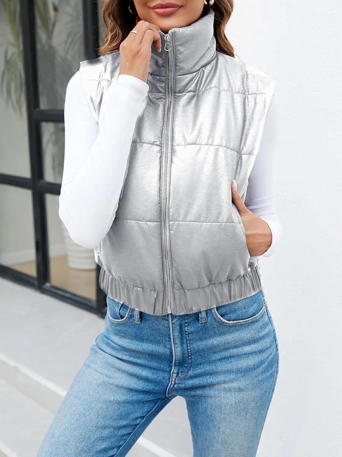 Fisoew Womens Faux Leather Puffer Vest High Stand Collar Zip Up Sleeveless Winter Cropped Jacket Gilet
