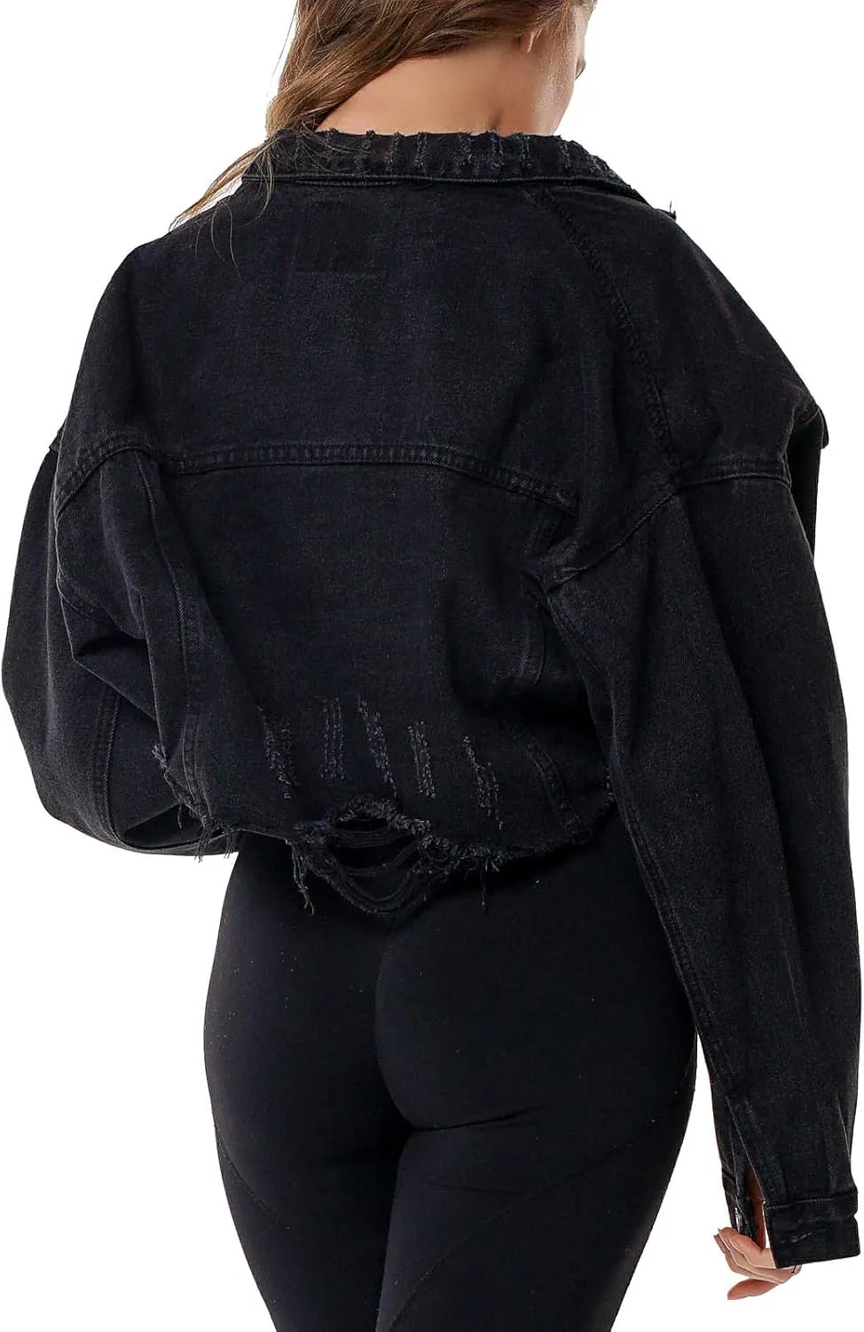 Flygo Women Denim Trucker Jackets Ripped Distressed Button Down Long Sleeve Jean Coats