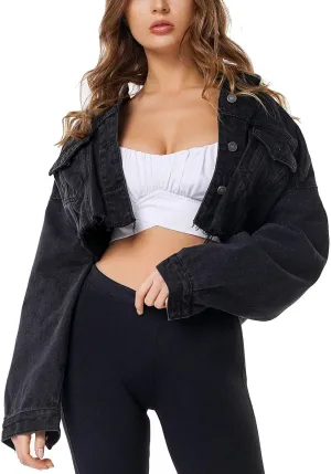 Flygo Women Denim Trucker Jackets Ripped Distressed Button Down Long Sleeve Jean Coats