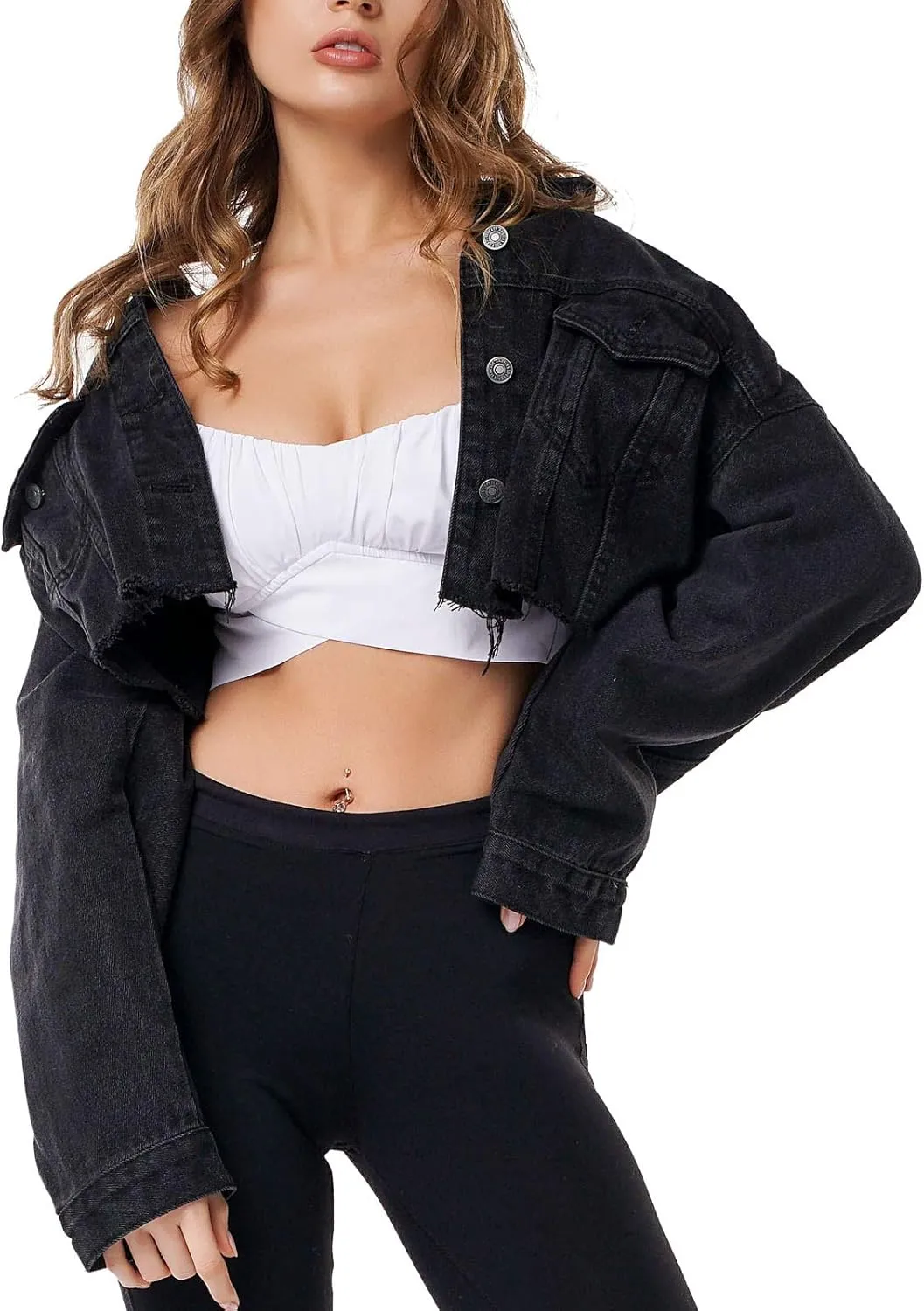 Flygo Women Denim Trucker Jackets Ripped Distressed Button Down Long Sleeve Jean Coats