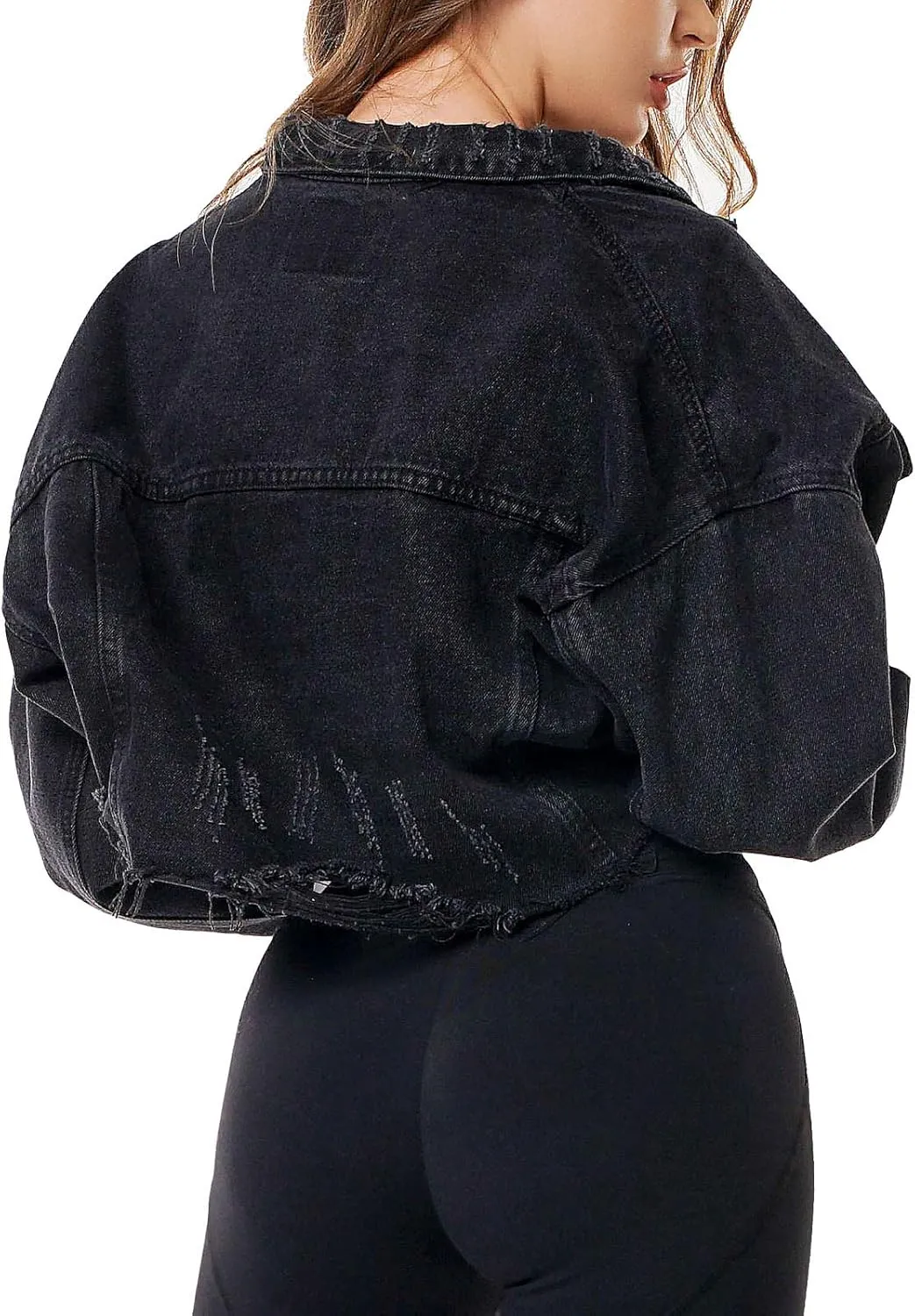 Flygo Women Denim Trucker Jackets Ripped Distressed Button Down Long Sleeve Jean Coats