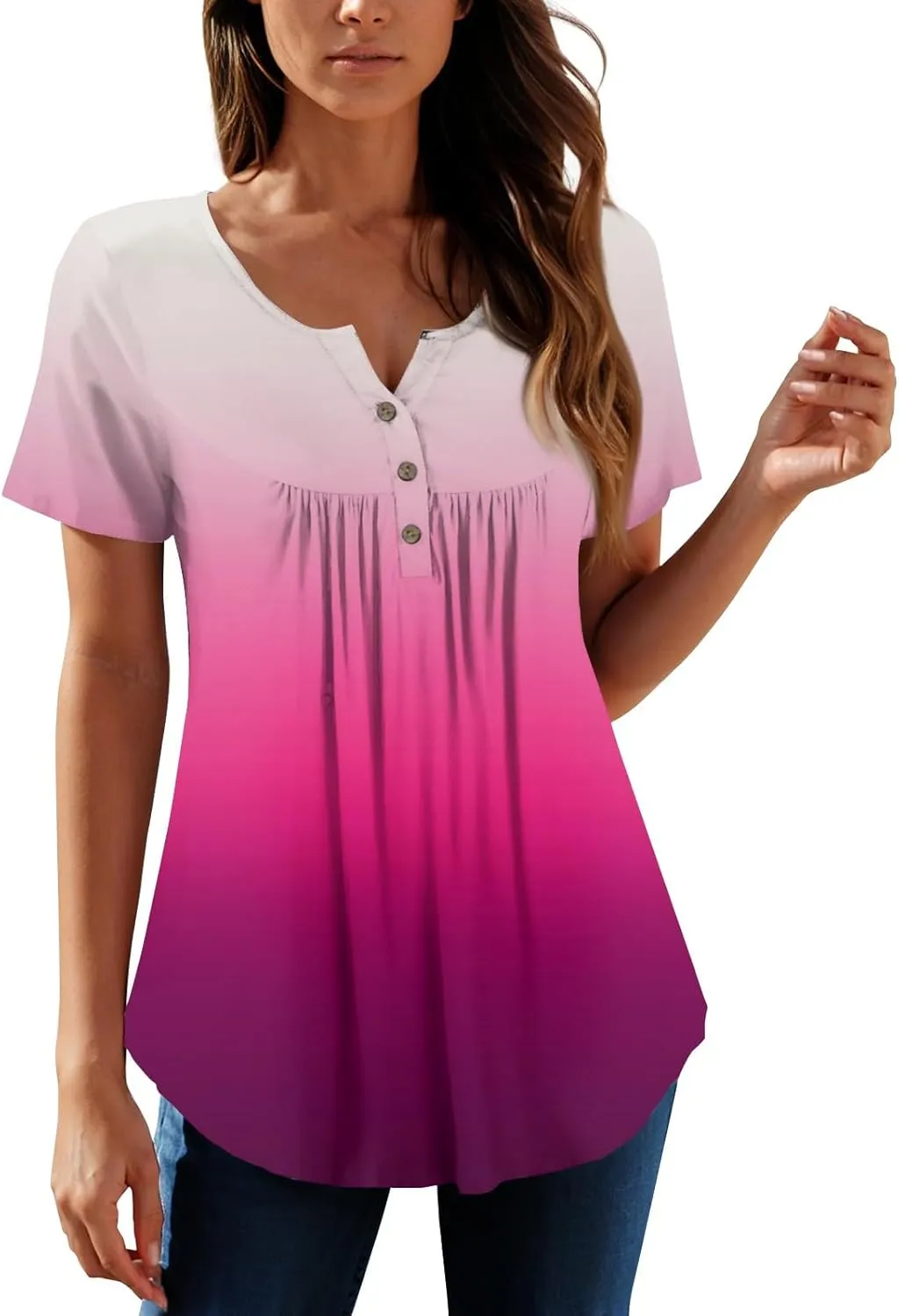 FQZWONG Summer Tops for Women 2025 Plus Size Short Sleeve Shirts Loose Casual Ladies Crew Neck Button Down Boho Blouses