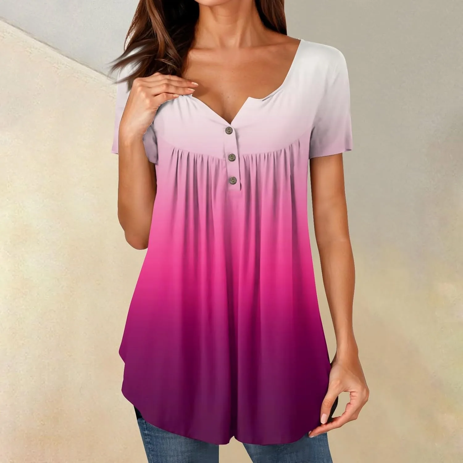 FQZWONG Summer Tops for Women 2025 Plus Size Short Sleeve Shirts Loose Casual Ladies Crew Neck Button Down Boho Blouses