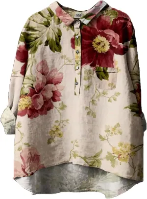 Generic Women's Linen Long Sleeve Shirts Vintage Flower Printed Blouses Casual Loose Fit Tee Tops Lapel Neck Button T-Shirt