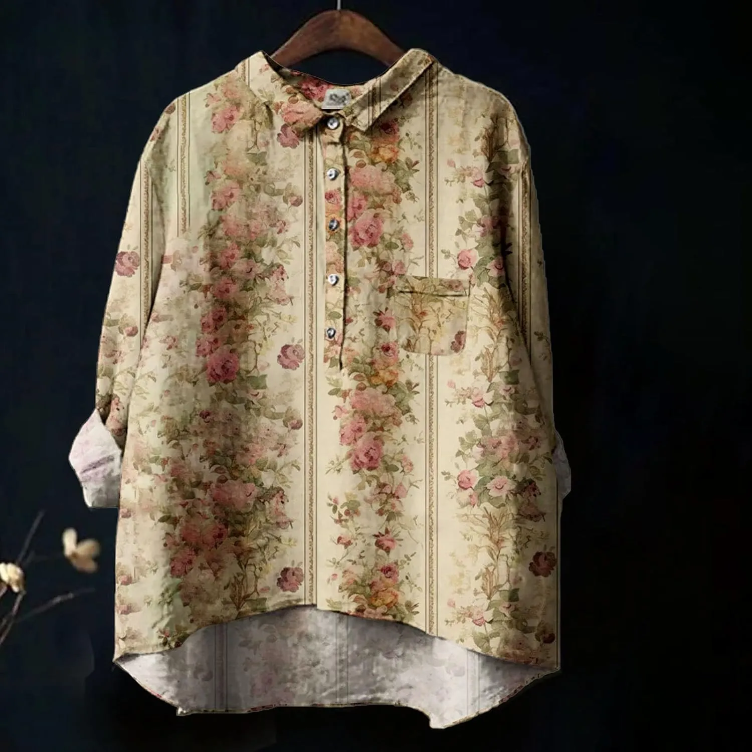 Generic Women's Linen Long Sleeve Shirts Vintage Flower Printed Blouses Casual Loose Fit Tee Tops Lapel Neck Button T-Shirt