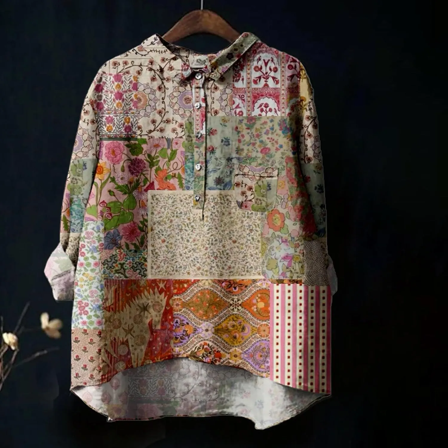 Generic Women's Linen Long Sleeve Shirts Vintage Flower Printed Blouses Casual Loose Fit Tee Tops Lapel Neck Button T-Shirt