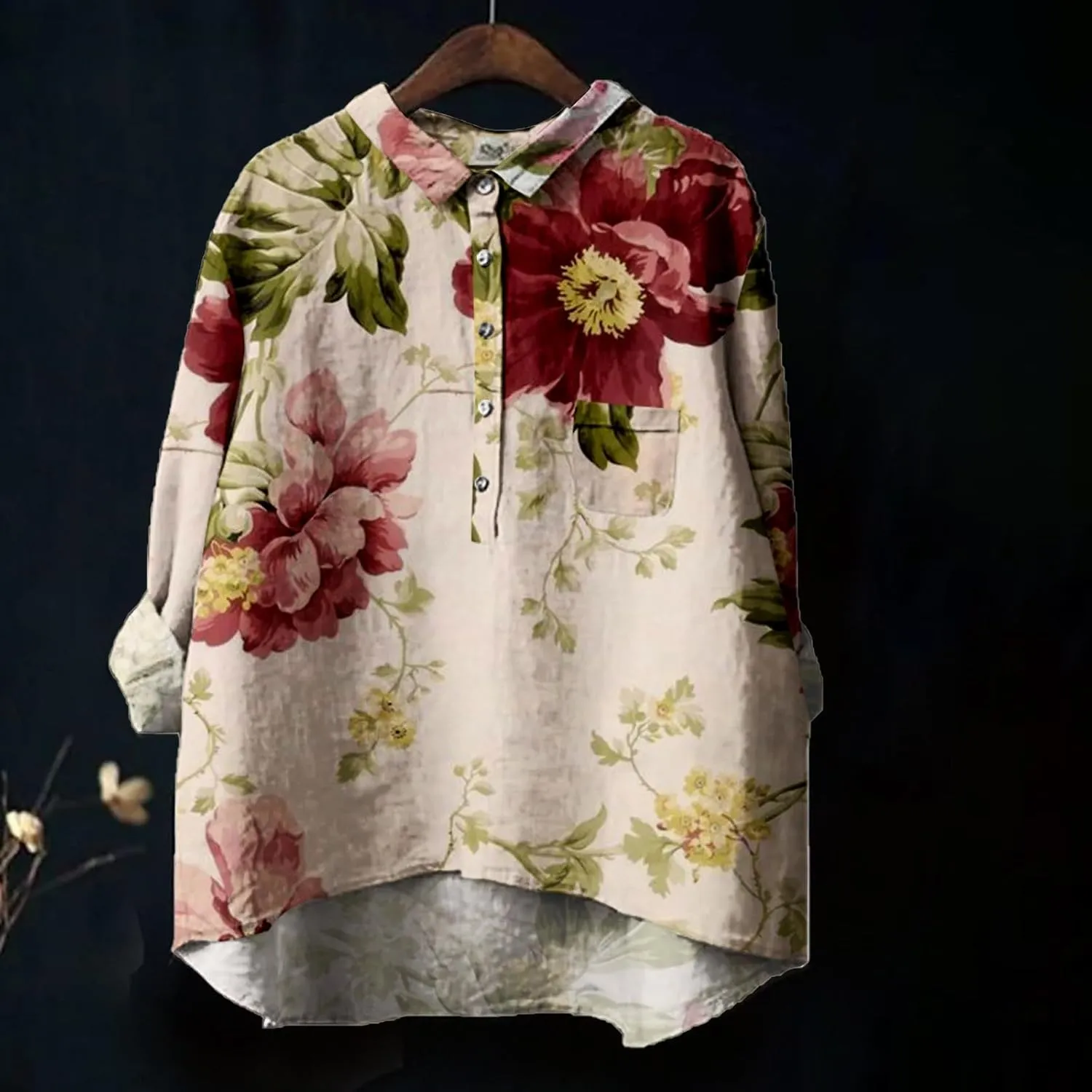 Generic Women's Linen Long Sleeve Shirts Vintage Flower Printed Blouses Casual Loose Fit Tee Tops Lapel Neck Button T-Shirt