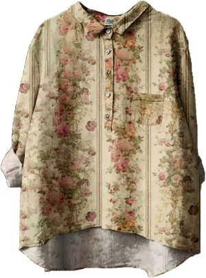Generic Women's Linen Long Sleeve Shirts Vintage Flower Printed Blouses Casual Loose Fit Tee Tops Lapel Neck Button T-Shirt