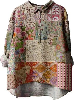 Generic Women's Linen Long Sleeve Shirts Vintage Flower Printed Blouses Casual Loose Fit Tee Tops Lapel Neck Button T-Shirt
