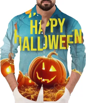Halloween Button Down Shirt for Men Happy Halloween Shirts Pumpkins Printed Casual Long Sleeve Hawaiian Party Shirts