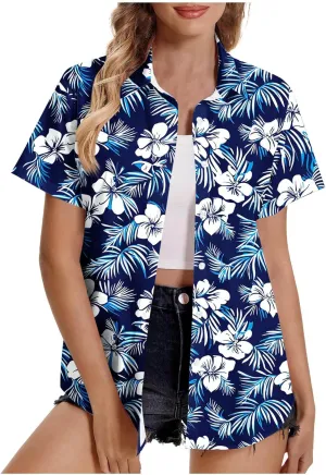 Hawaiian Shirt for Women Button Down Floral Print Short Sleeve Vacation Beach Tops Summer Plus Size Cardigan Blouse