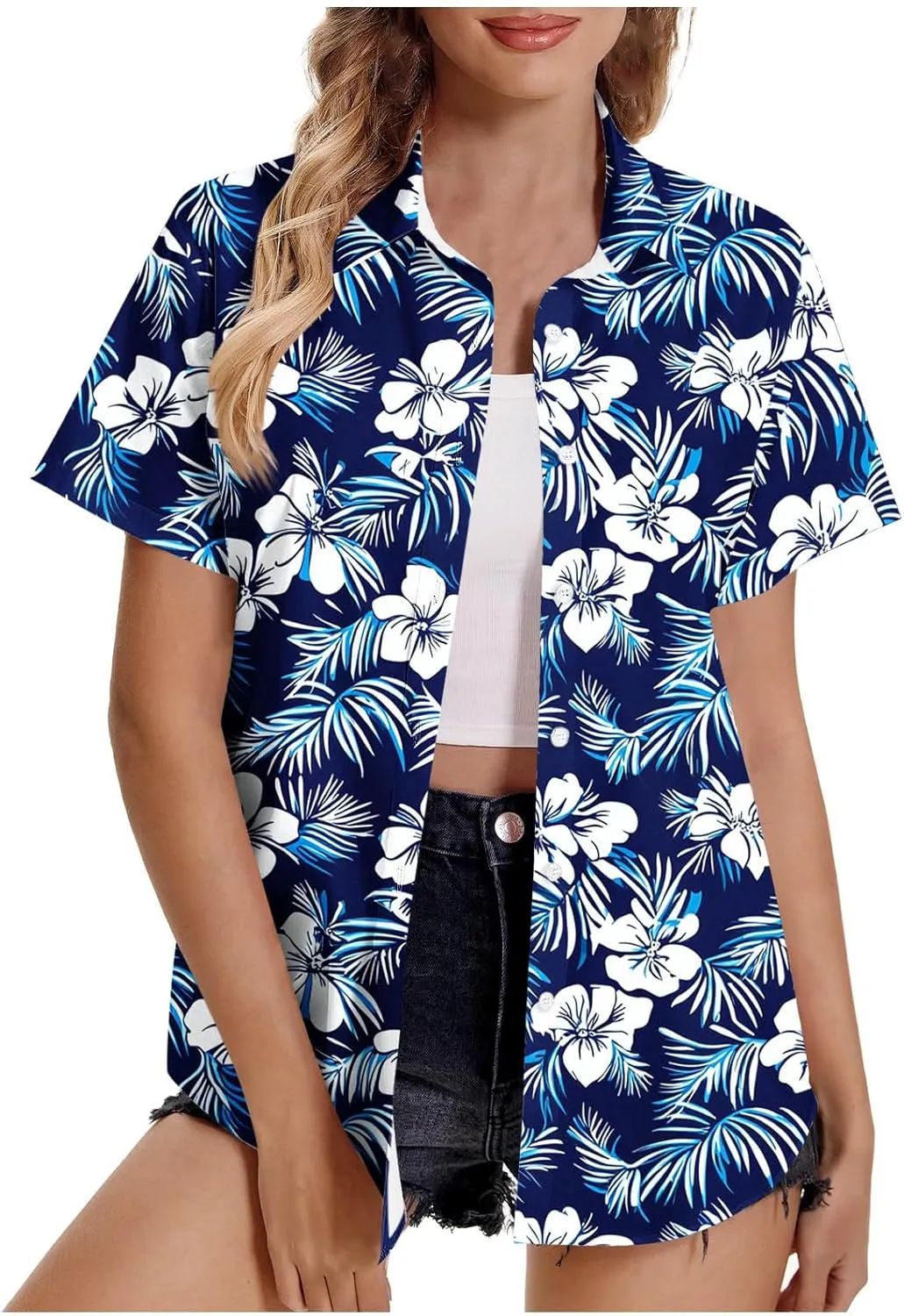 Hawaiian Shirt for Women Button Down Floral Print Short Sleeve Vacation Beach Tops Summer Plus Size Cardigan Blouse
