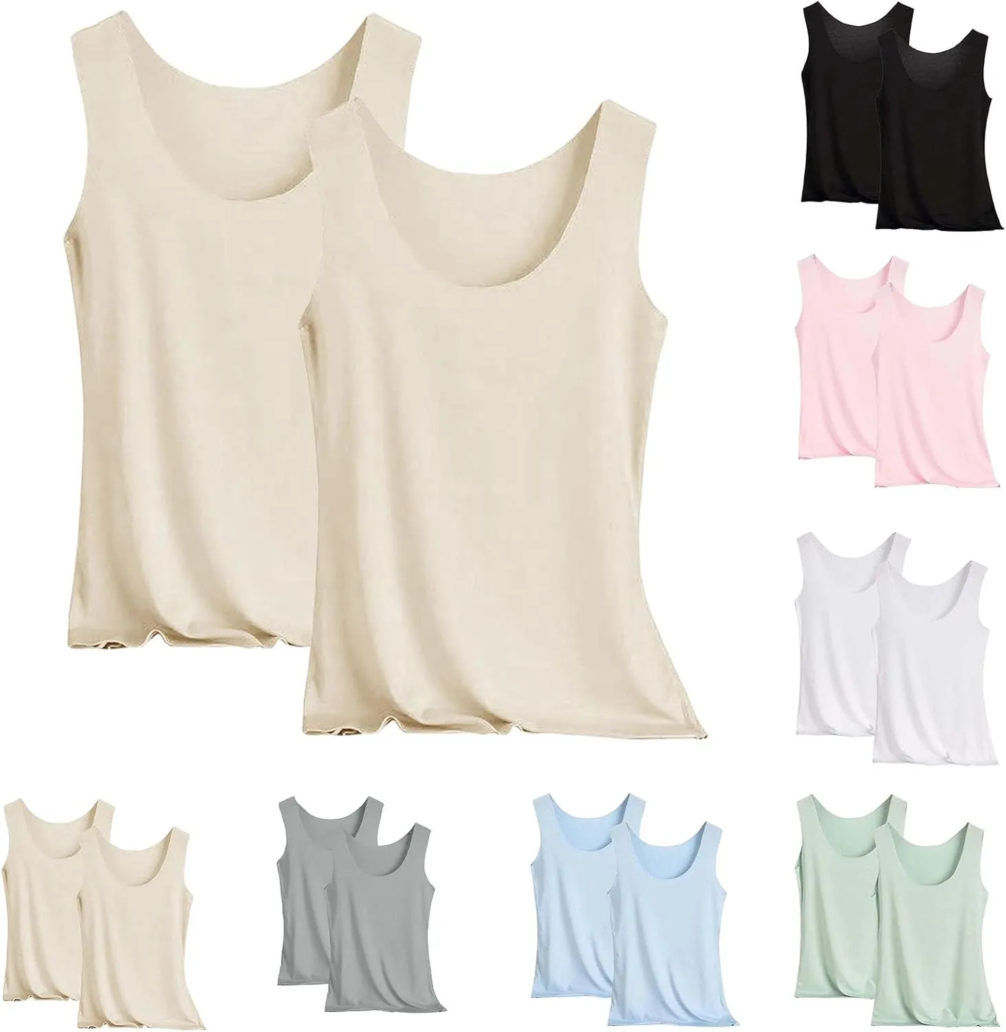 HGps8w 2-Pack Women's Ice Silk Tank Top Summer Basic Seamless Crew Neck Sleeveless Undershirt Casual Camisole Tanks