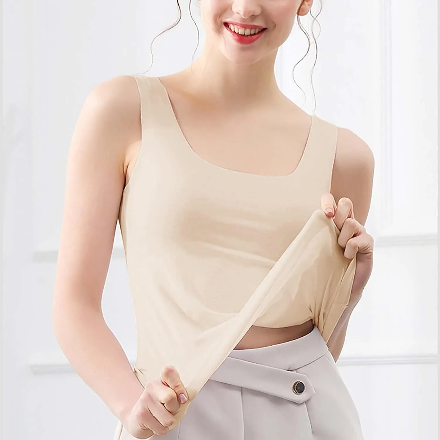 HGps8w 2-Pack Women's Ice Silk Tank Top Summer Basic Seamless Crew Neck Sleeveless Undershirt Casual Camisole Tanks