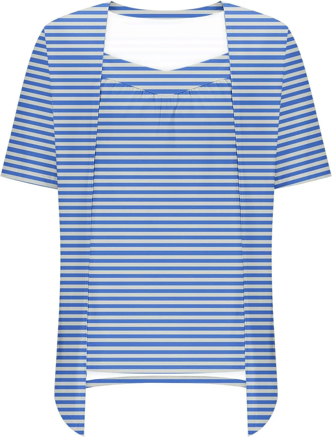 HGps8w Women's Fake-Two Piece Tunic Tops Casual Striped 2025 Summer Pleated T Shirts Color Block Loose Patchwork Blouse
