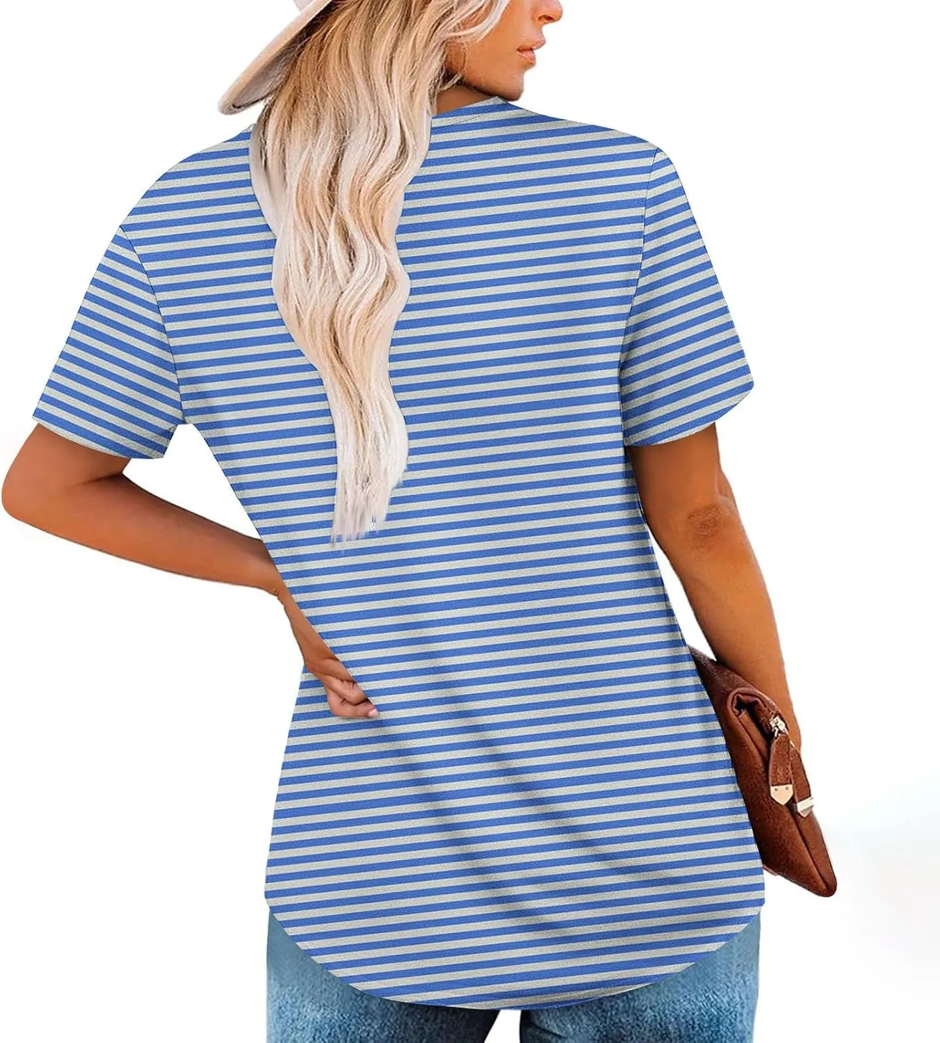 HGps8w Women's Fake-Two Piece Tunic Tops Casual Striped 2025 Summer Pleated T Shirts Color Block Loose Patchwork Blouse