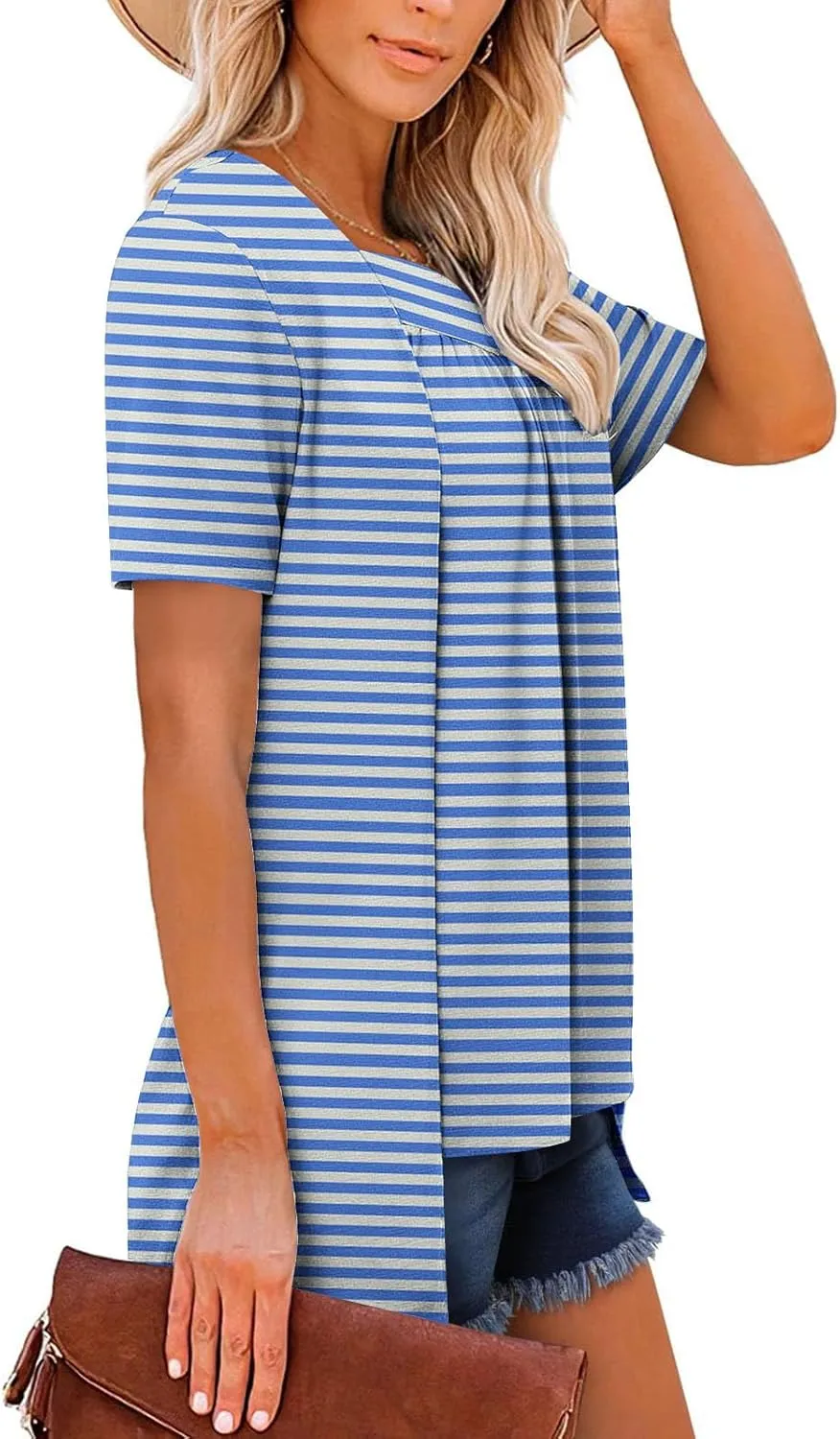 HGps8w Women's Fake-Two Piece Tunic Tops Casual Striped 2025 Summer Pleated T Shirts Color Block Loose Patchwork Blouse